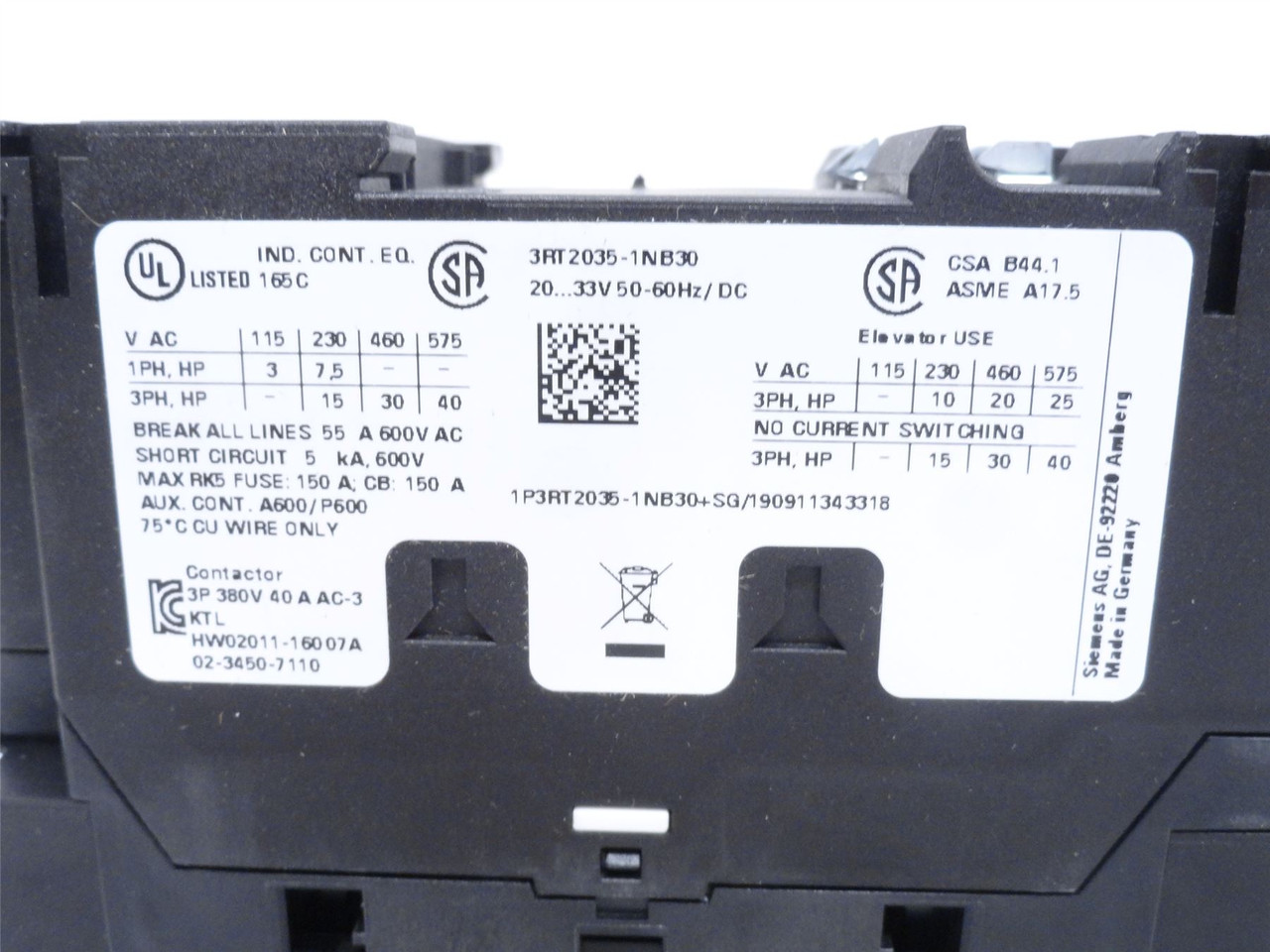 Siemens 3RT2035-1NB30; Contactor 40A 400V Coil 24VAC/DC