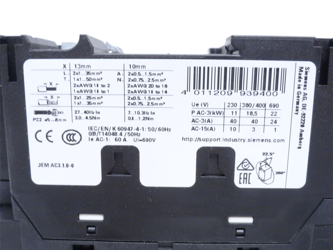 Siemens 3RT2035-1NB30; Contactor 40A 400V Coil 24VAC/DC