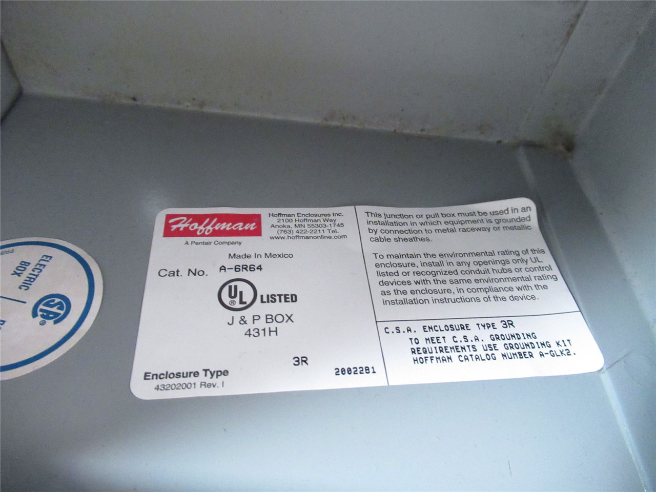 Hoffman A-6R64 ; Drip-Sheild Enclosure Type 3R 6"