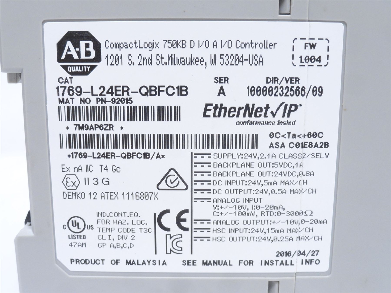 Allen-Bradley 1769-L24ER-QBFC1B; CompactLogix 5370; L2 Controller