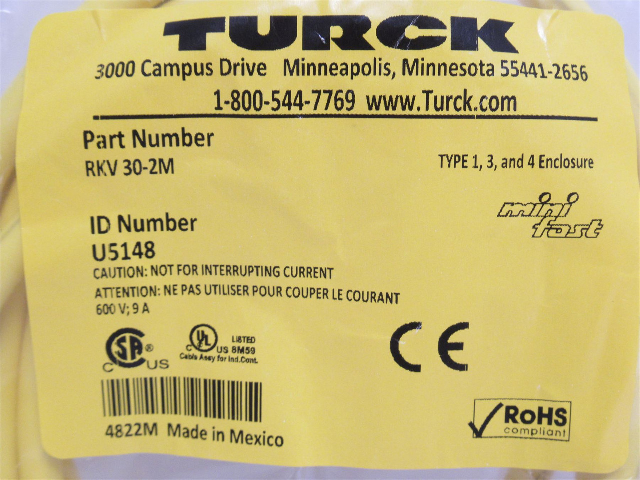 Turck RKV30-2M; Single End Cordset U5148; 18AWG; 2m Long