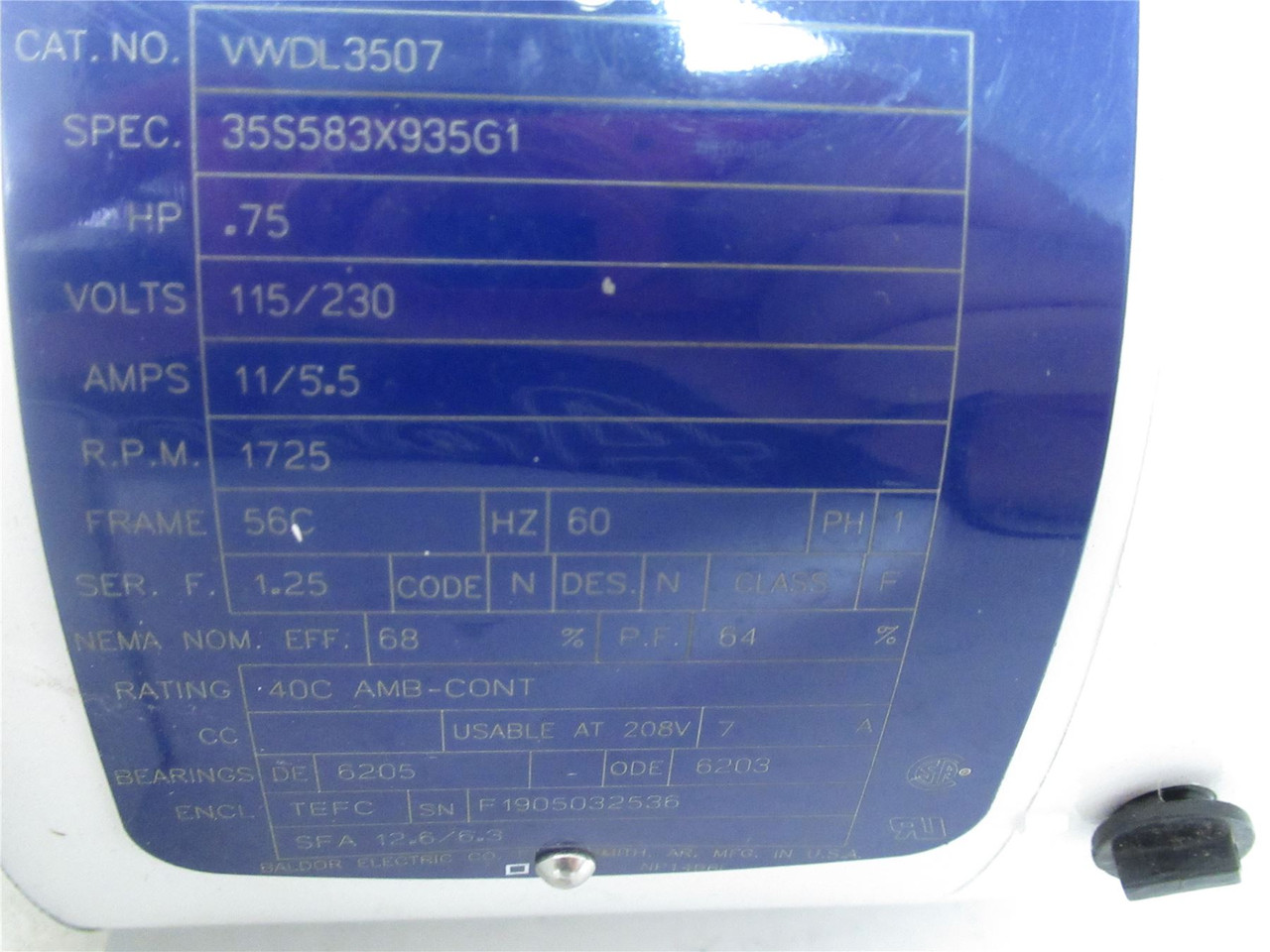 Baldor VWDL3507; AC Motor; .75HP ; 115/230V ; 1725RPM ; 1 Ph