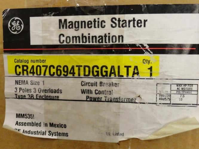 GE CR407C694TDGGALTA; NEMA 1 Starter 27A 3P 600V Coil: 120VAC