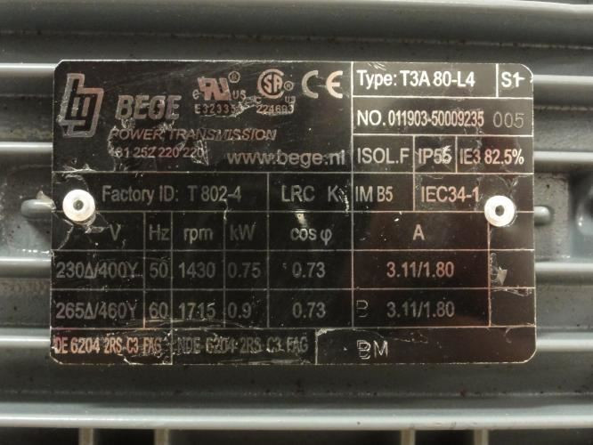 Bege T3A 80-L4; AC Motor; 0.73kW; 230/460V; 1715RPM; 3Ph