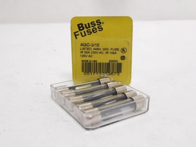 Bussmann AGC-3/10; Box-5 Fast Acting Glass Fuses; 3/10A; 250VAC