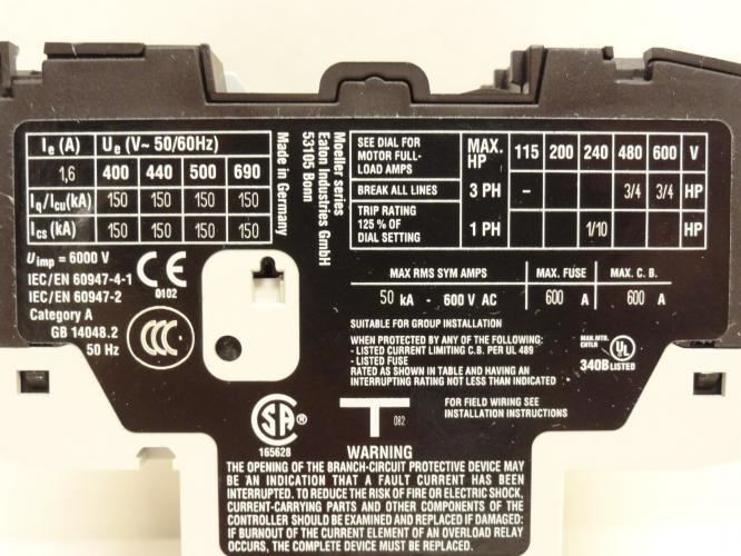 Eaton XTPB1P6BC1; Manual Motor Starter 1-1.6A; 3P; 600V