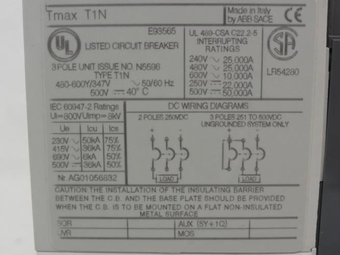 ABB T1N040TLA; TmaxCircuit Breaker; 40A; 3P; 480VAC