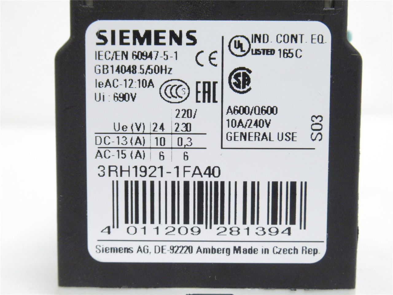 Siemens 3RH1921-1FA40; Aux Contactor; 4-NO; 10A@240VAC; GU