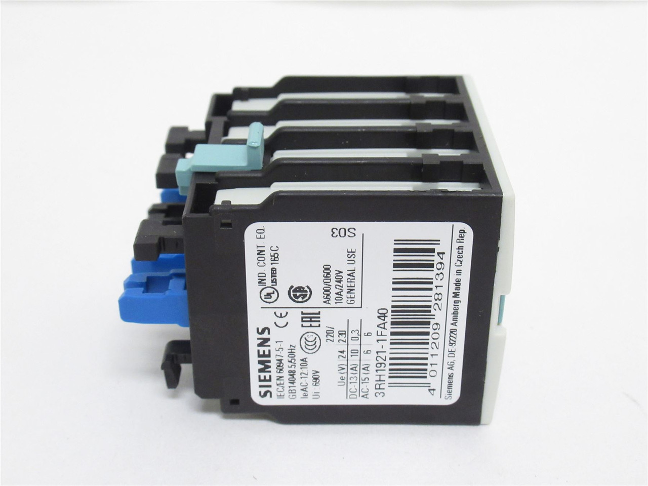 Siemens 3RH1921-1FA40; Aux Contactor; 4-NO; 10A@240VAC; GU