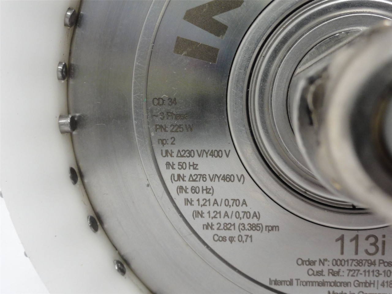 Interroll 225W; Drum Motor; 113i; 460V; 3.385RPM; vN: 1.100 m/s