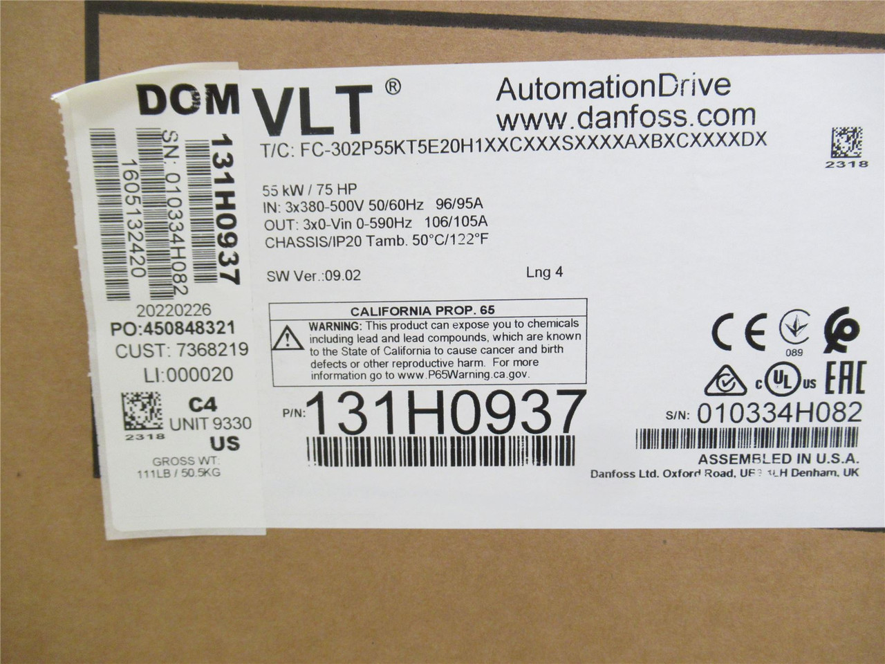 Danfoss 131H0937; AC Drive; 75HP; 380-500VAC In