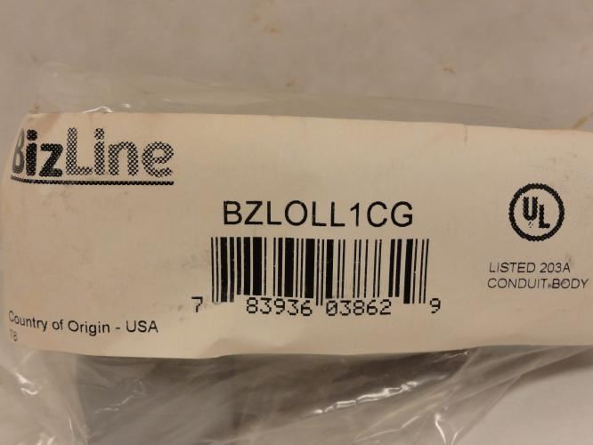 Bizline BZLOLL1CG; Conduit Body; Type LL; 1/2NPT; W/Cover