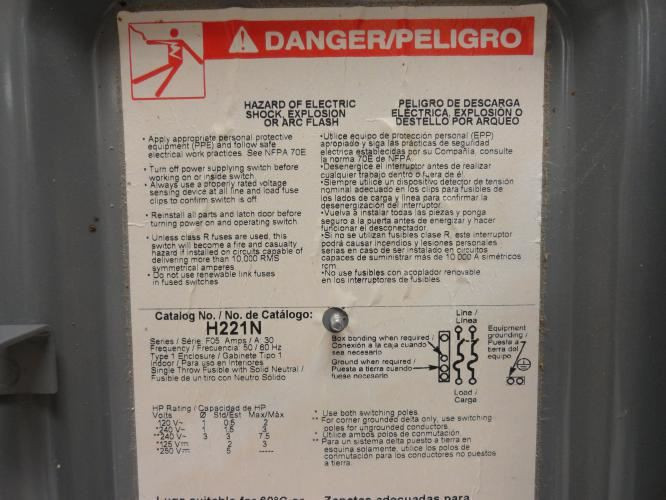 Square D H221N; Safety Switch; 30A; 2 Pole; 3Hp@600V; 2PST