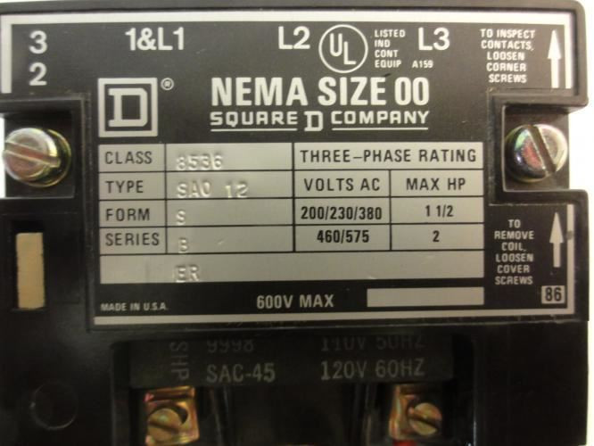 Square D 8536-SAO12; Starter; 9A; 3P; 600V Max; Coil: 120V