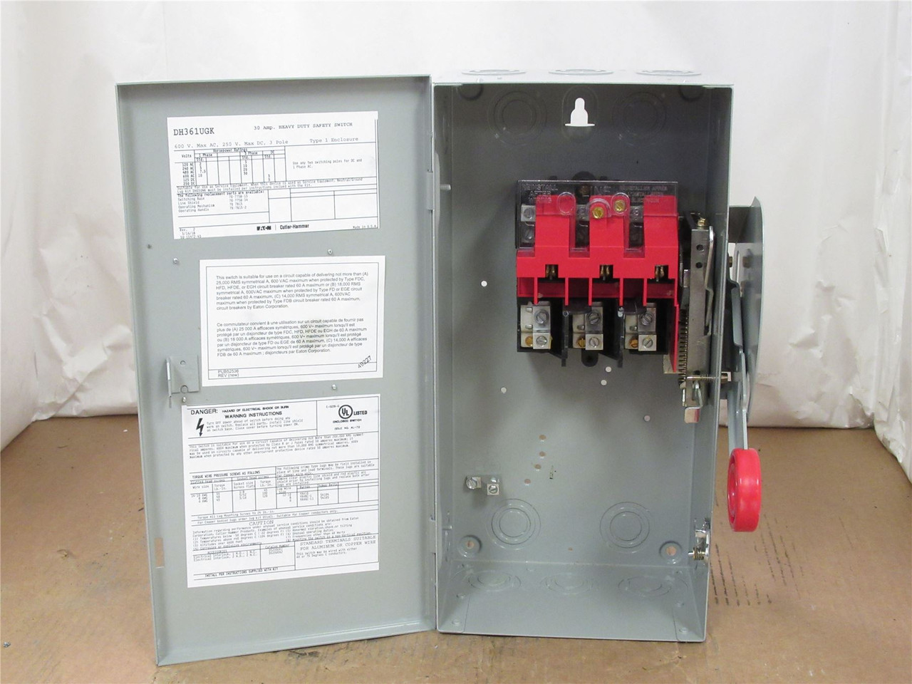Eaton DH361UGK; Safety Switch; 30A; 3P; 600VAC; 250VDC; 3PST
