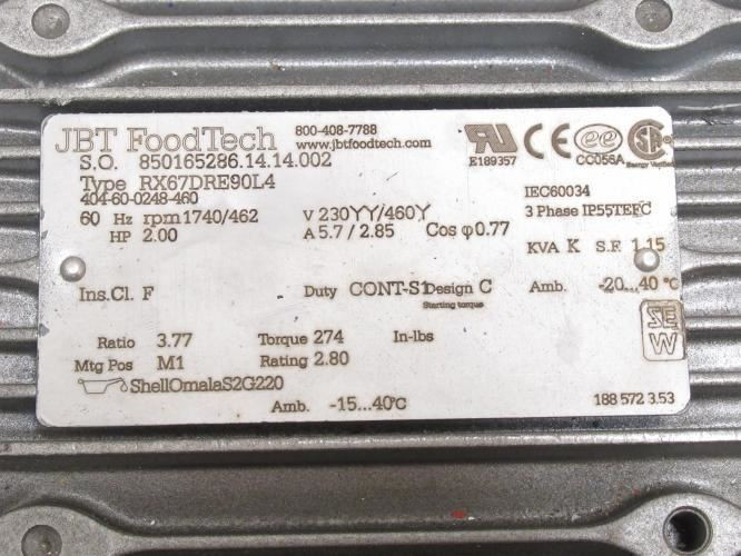 JBT RX67DRE90L4; Gear Motor; 3.77:1 Ratio; 230/460VAC