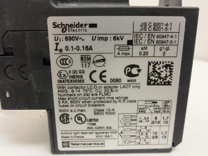 Schneider LRD01; Overload Relay; 0.1~0.16A 3P 600VAC Max