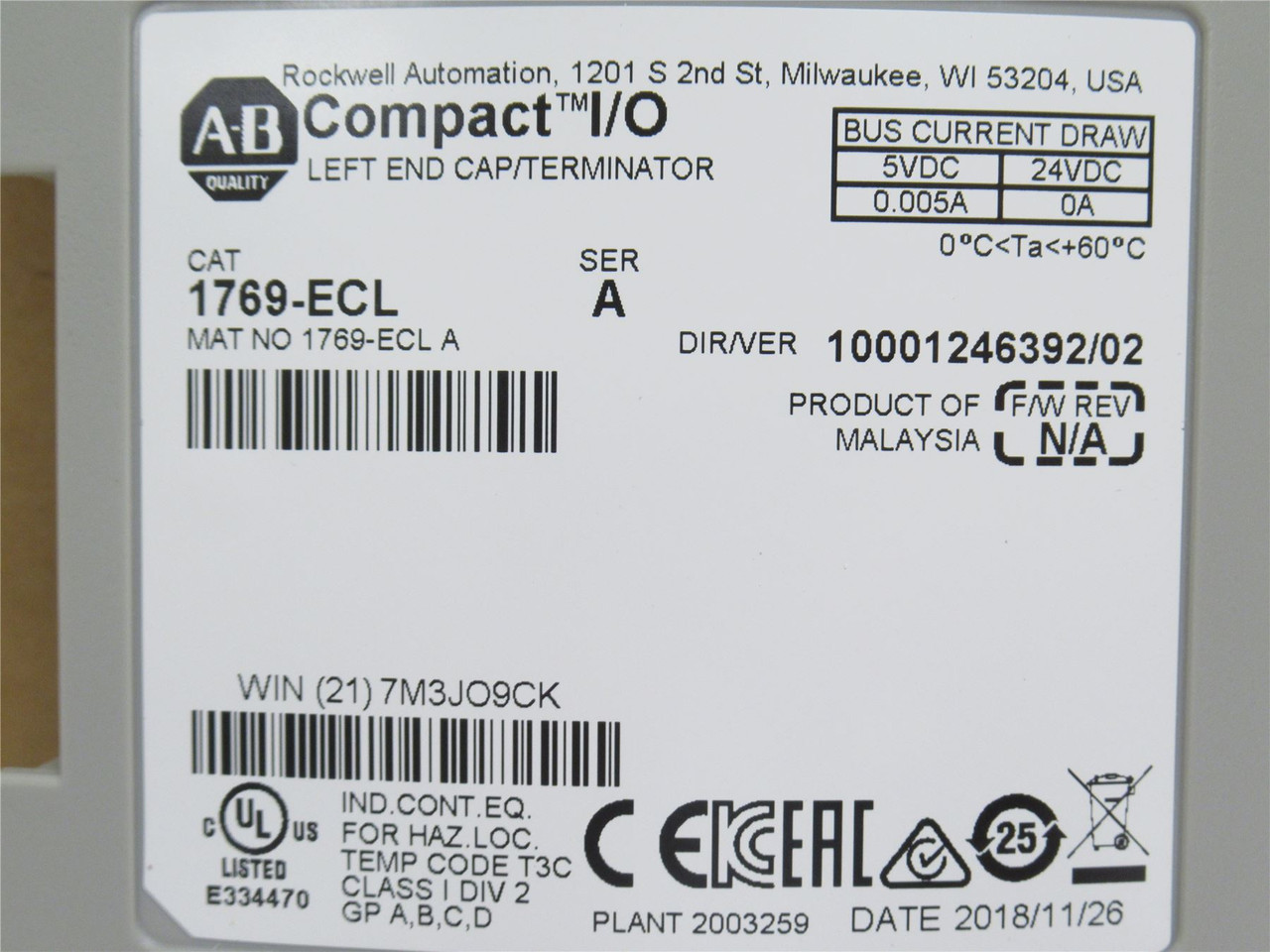 Allen-Bradley 1769-ECL; Left End Cap Terminator; SER: A