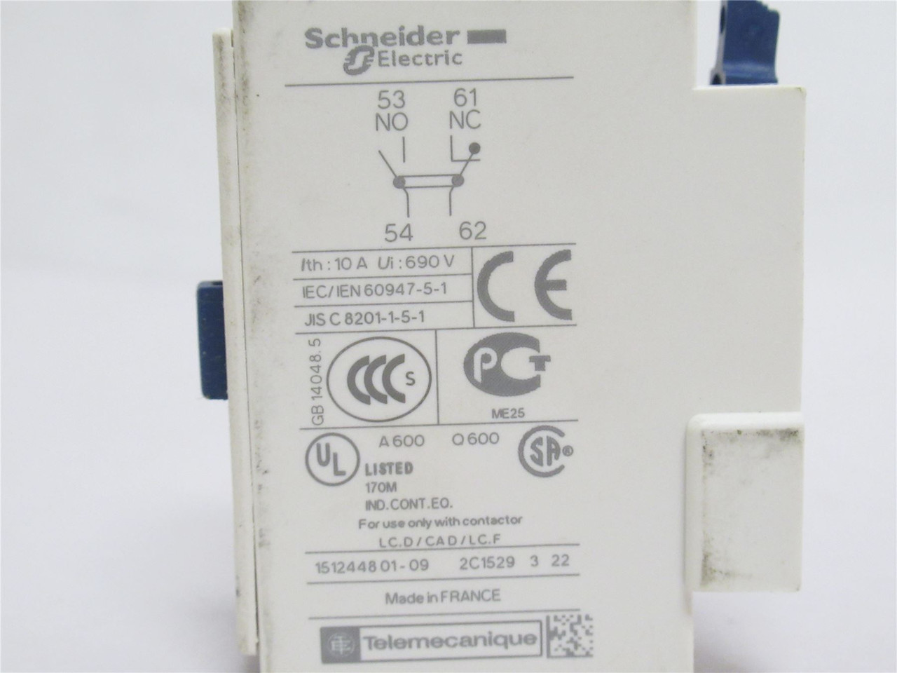 Schneider LADN11; Aux Contact Block; 10a; 600vac; 1-NO; 1-NC