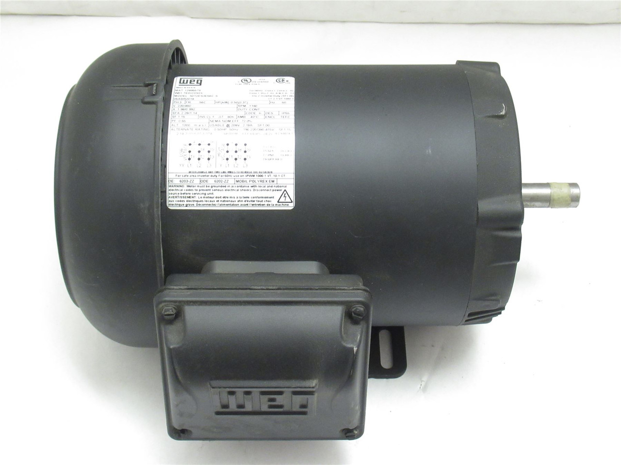 WEG 12895579; AC Motor; 1/2HP; 230/460V; 1160RPM; 3PH; 60Hz