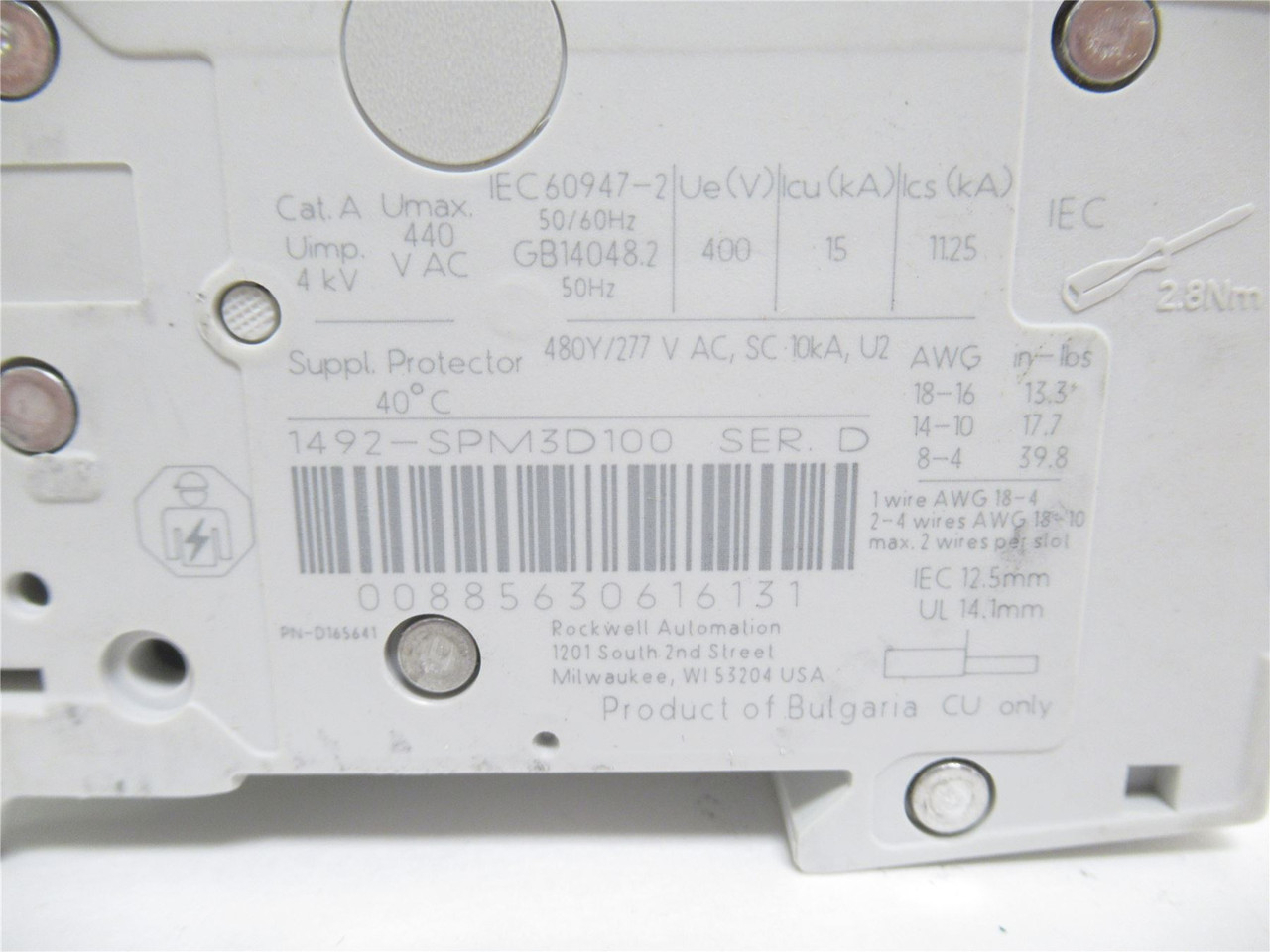 Allen-Bradley 1492-SPM3D100; Circuit Breaker 10A 3P; 277/480V