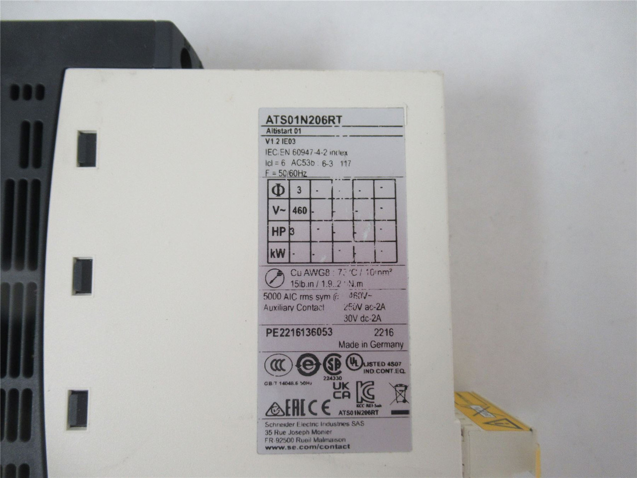 Schneider ATS01N206RT; Soft Start Drive 3HP 460VAC 3Ph