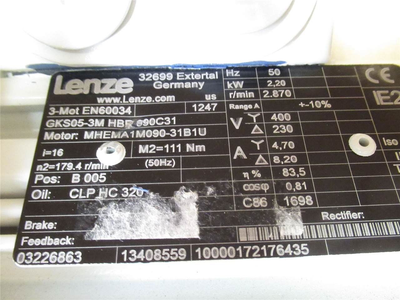 Lenze GKS05-3M-HBR-690C31; AC Gearmotor; 2.20KW; 230/400V; 3PH