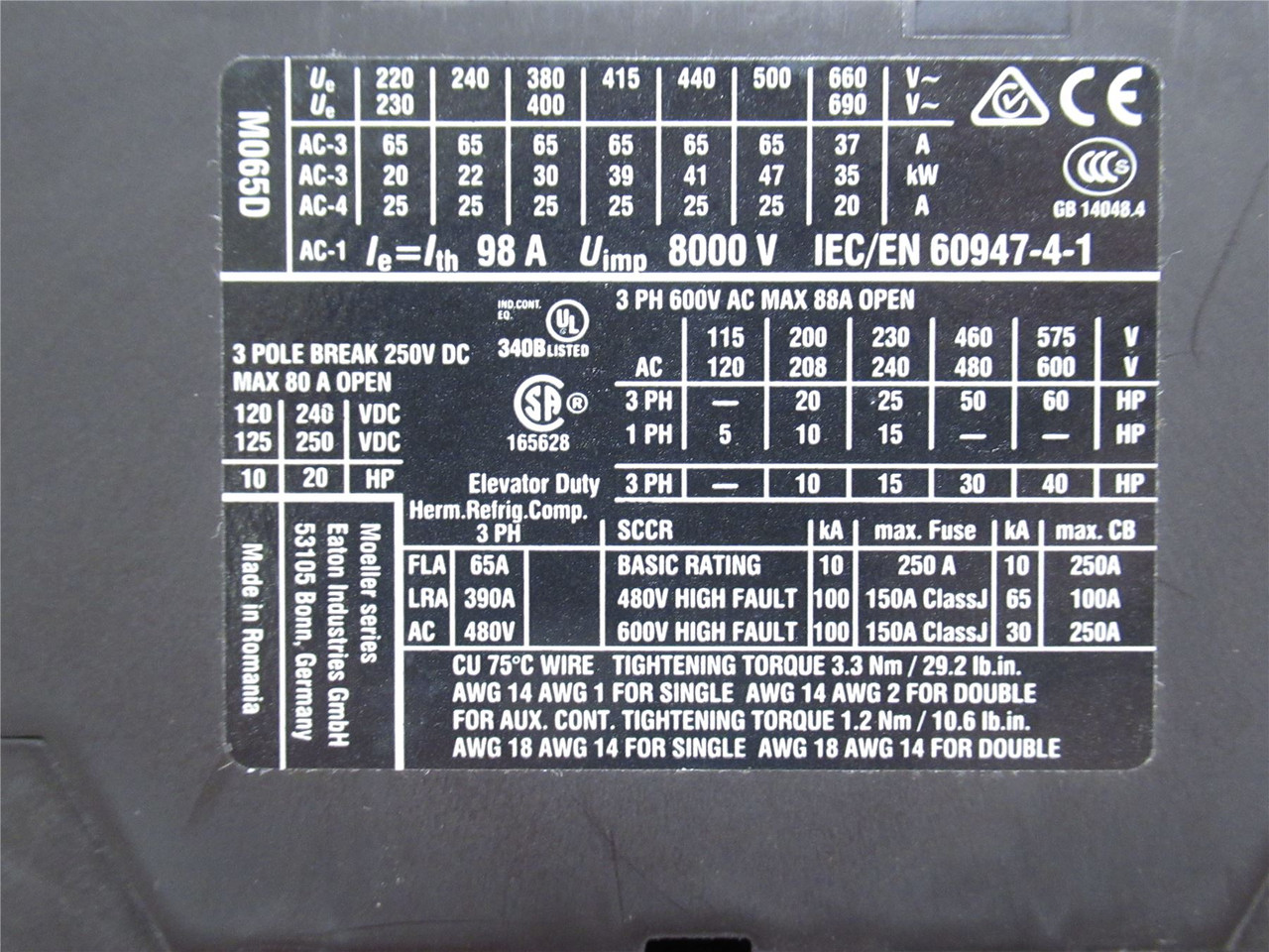 Eaton XTCE065D00A; Contactor; 65A; 690VAC; 3PH; Coil: 120VAC