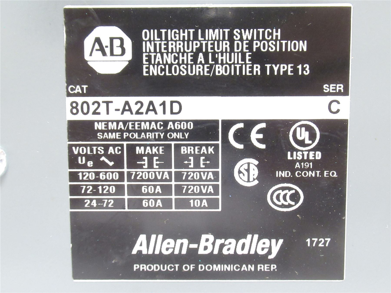 Allen-Bradley 802T-A2A1D; Limit Switch; 2-Head; 10A; 600VAC