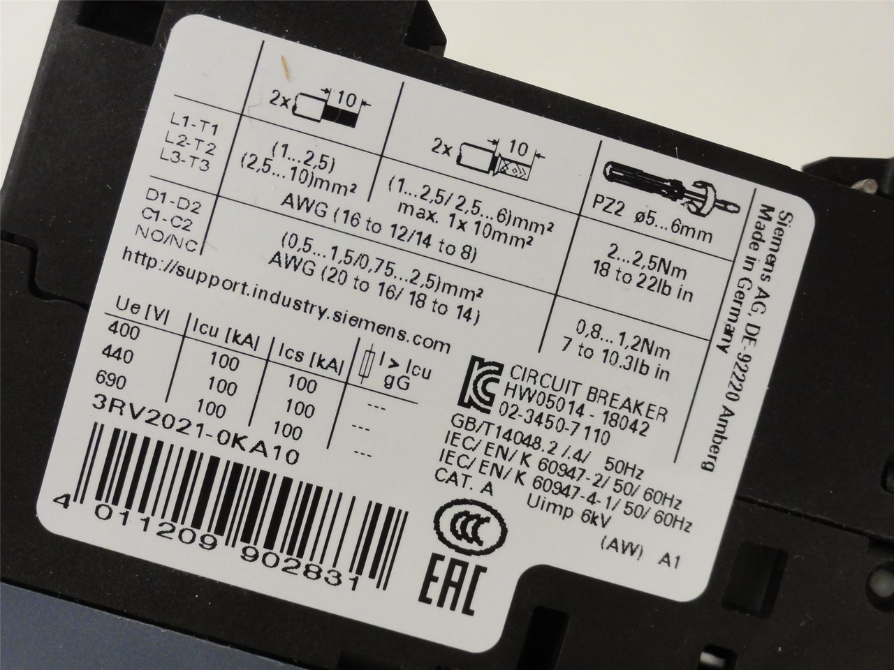 Siemens 3RV2021-0KA10; Manual Starter; 0.9-1.25A; 3Pole