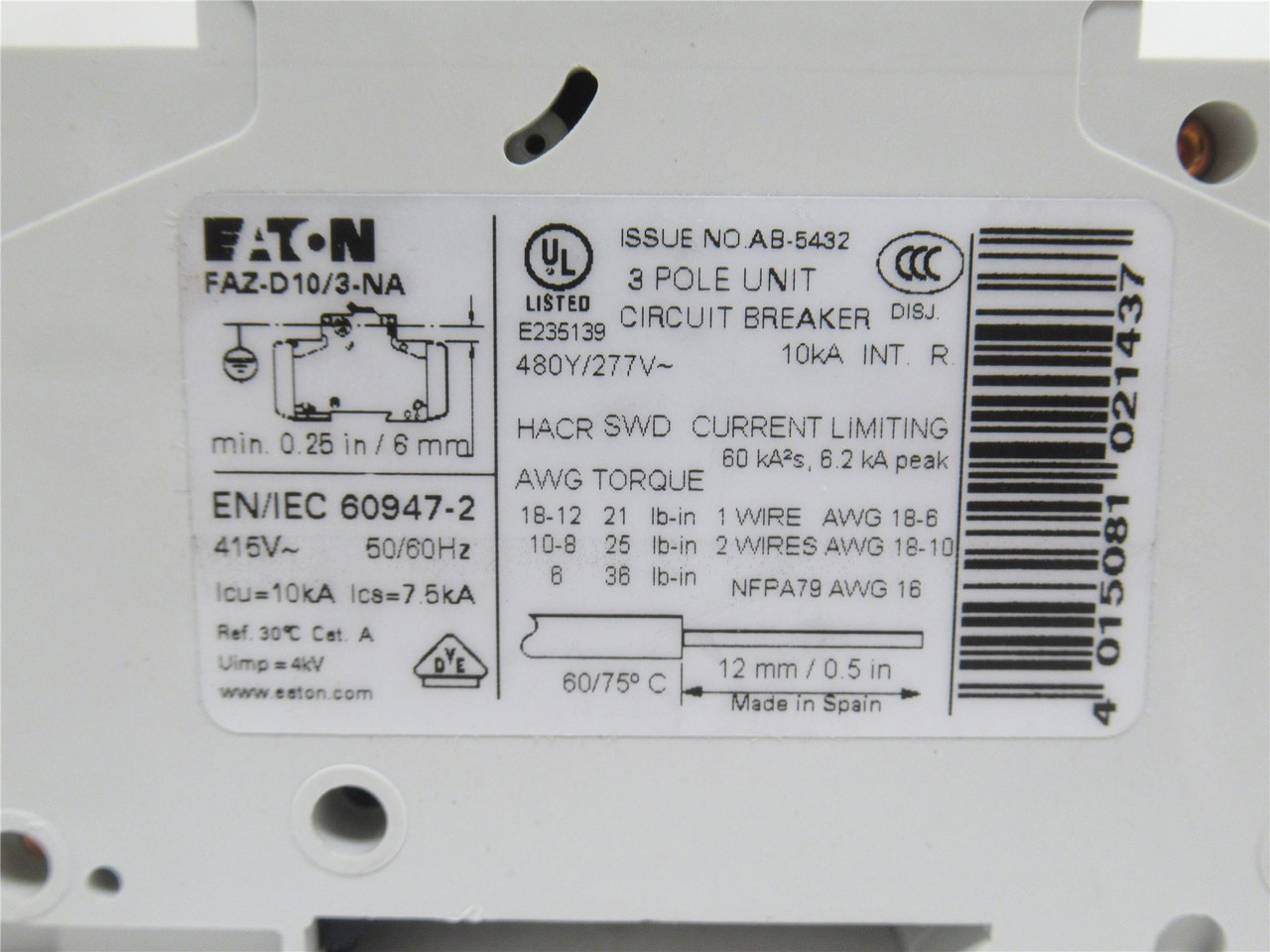 Eaton FAZ-D10/3-NA; Circuit Breaker; 10A; 277/480VAC; 3 Pole