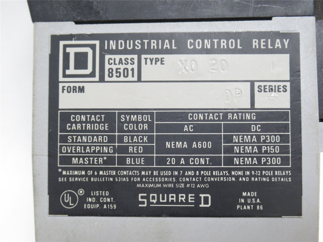 Square D 8501X020; Control Relay; 20A; 600VAC; 4P; Coil 120VAC