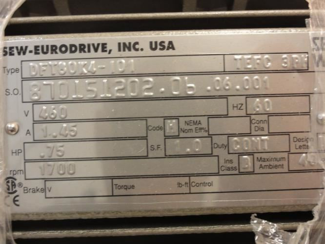 SEW KT47TDT80K4-I01; Motor-Gearbox; 63.3:1 Ratio; 3/4HP