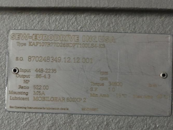 SEW KAF107R77D268BDFT100LS4-KS; Gearmotor 522:1 Ratio; 3Hp