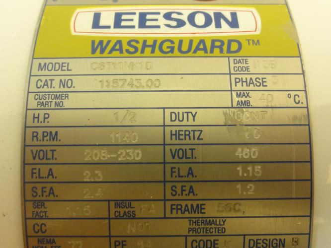 Leeson 115743; AC Motor; 1/2HP; 1140RPM; 208-230/460V