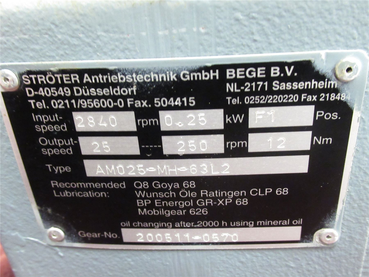 Ströter AM025/MH-63L2; Gearmotor 0.25kW 460VAC 3Ph Vari-Speed