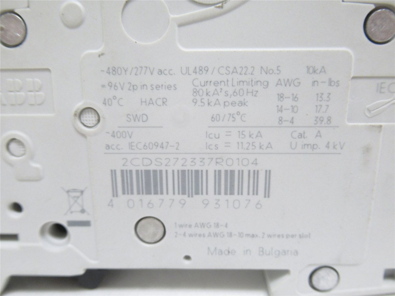 ABB SU202M-K10; Circuit Breaker 10A; 2P; 277/480VAC; DIN Rail