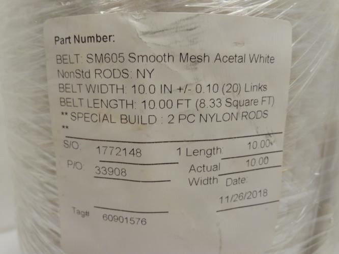 Habisat SM605-10; Smooth White Acetal Conveyor Belt 10"W x 10'L