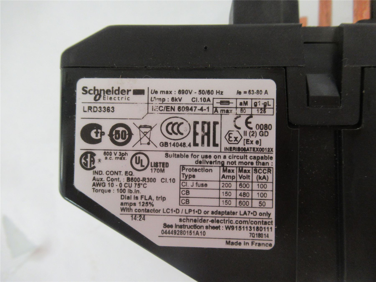 Schneider LRD3363; Overload Relay  600V 80A