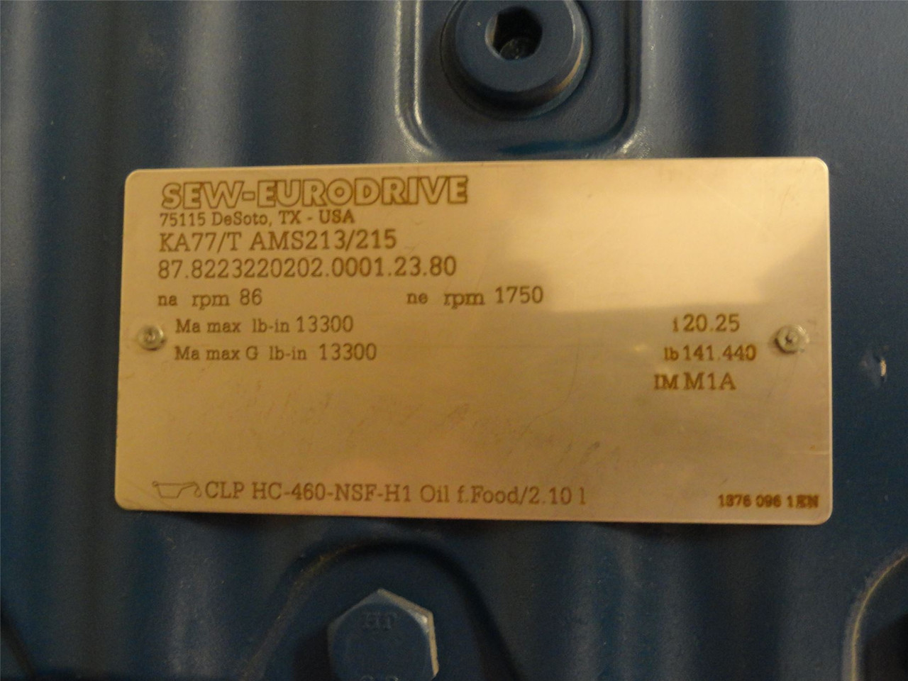 SEW KA77TAM2132025; Inline Gearbox; 20.25:1 Ratio; 86RPM