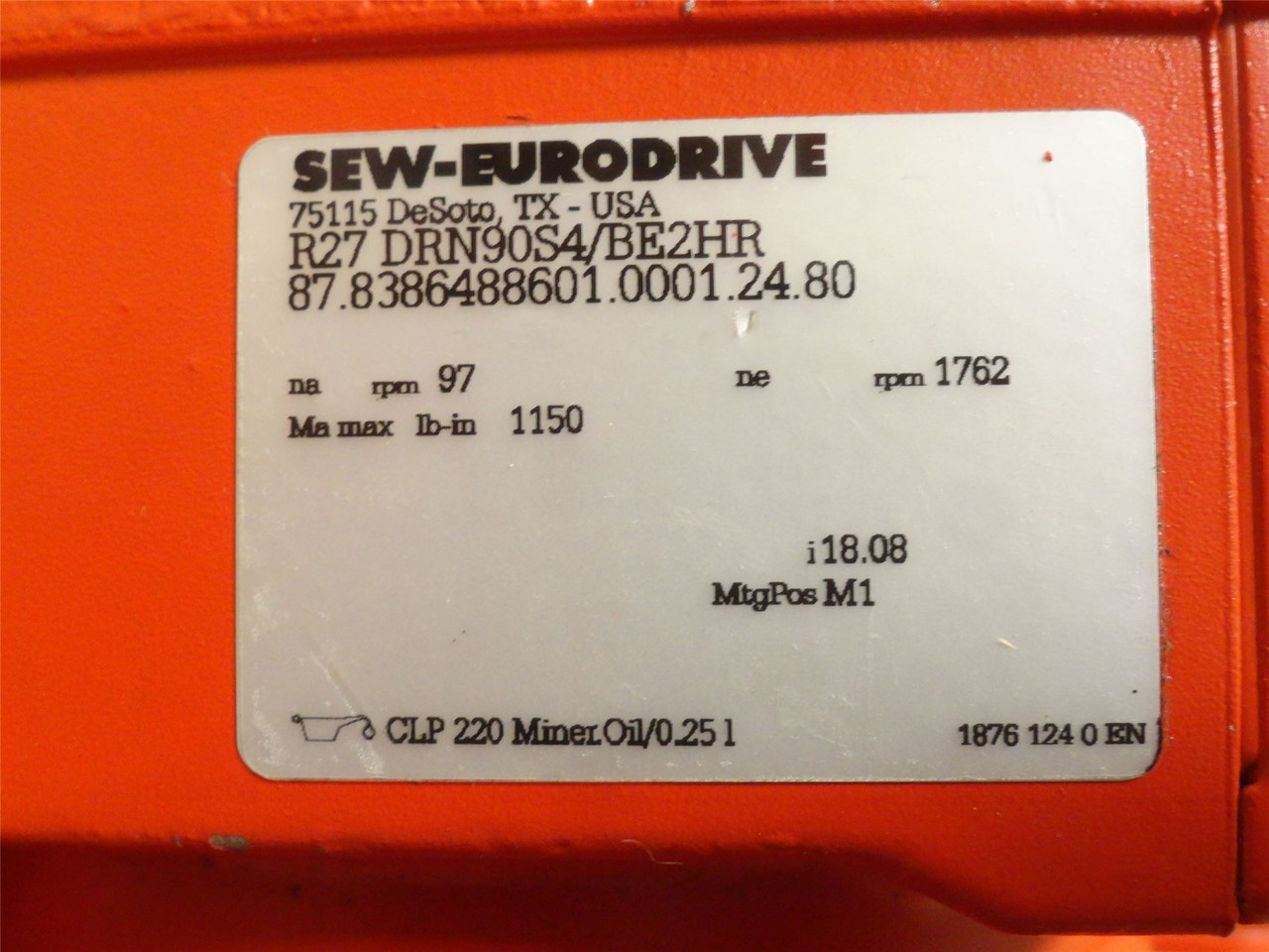 SEW R27DRN90S4/BE2HR; AC Motor-Gearbox; 18:1 Ratio; 1-1/2HP
