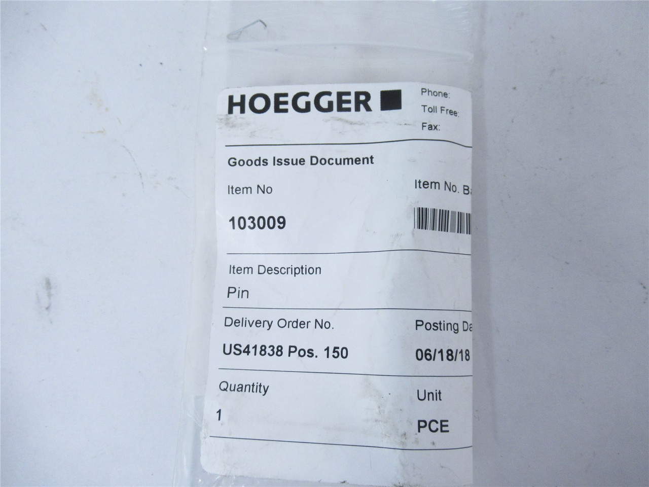 Hoegger 103009; Pneumatic Locking Pin