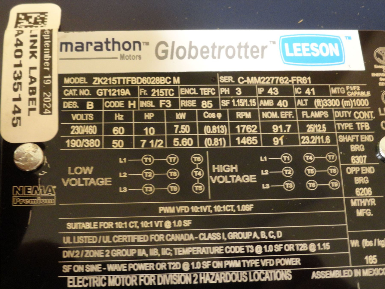 Marathon GT1219A; AC Motor 10HP; 230/460V; 1800RPM; 3PH; 60HZ