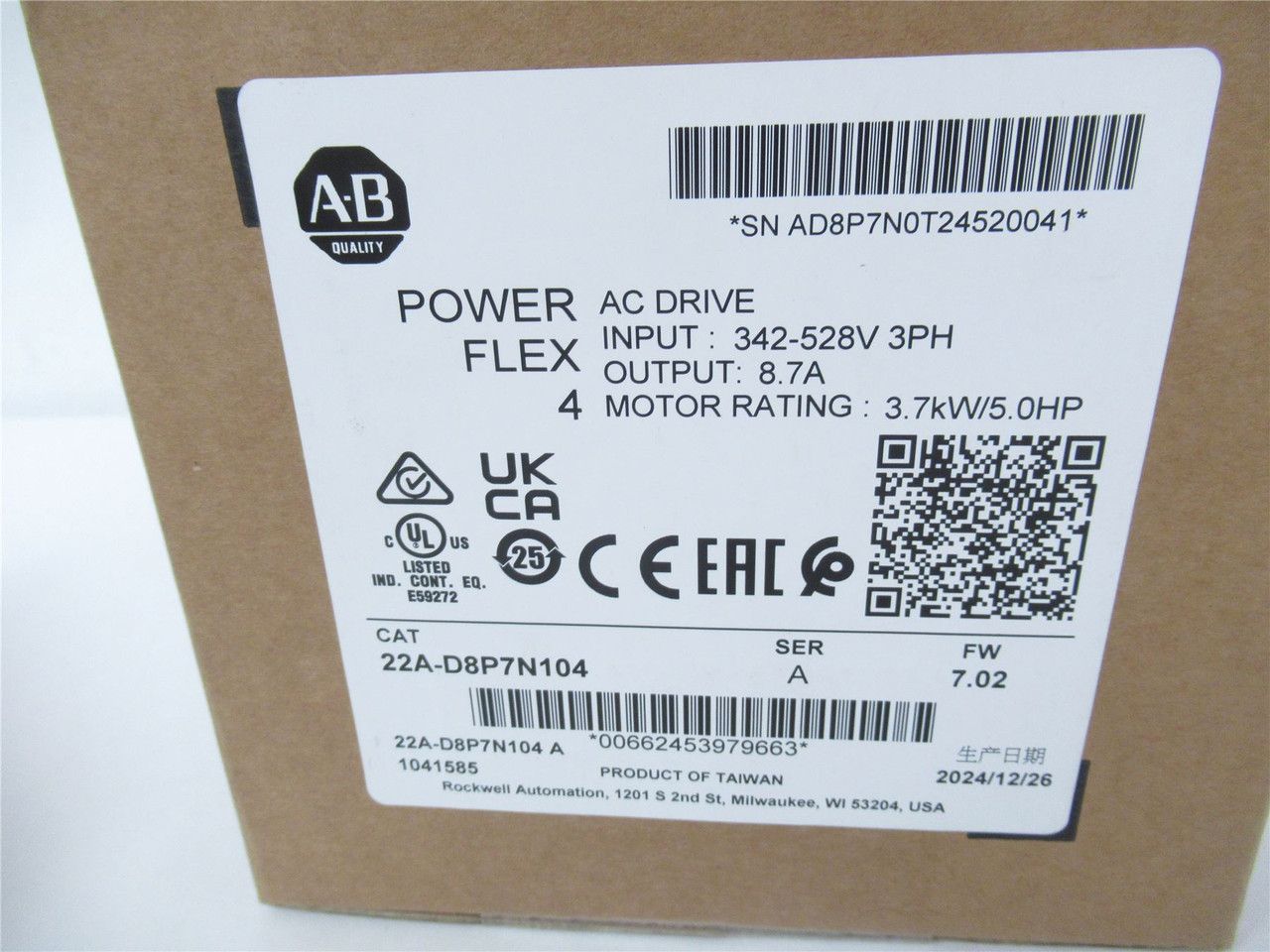 Allen-Bradley 22A-D8P7N104; AC Drive 5HP 480VAC 3PH-IN