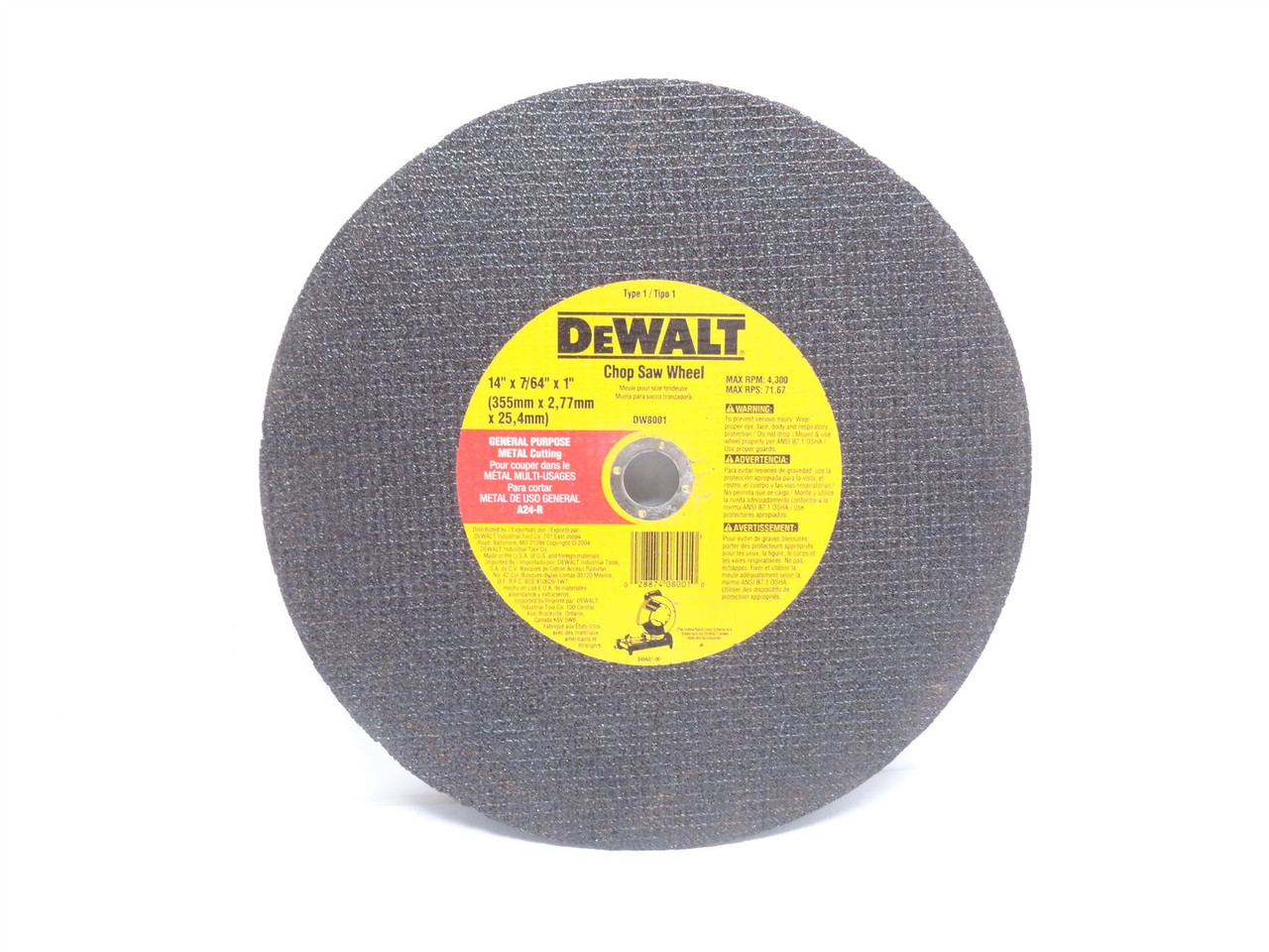 DeWALT DW8001; Abrasive Cut-Off Wheel; 14"OD; 24 Grit; 1"ID