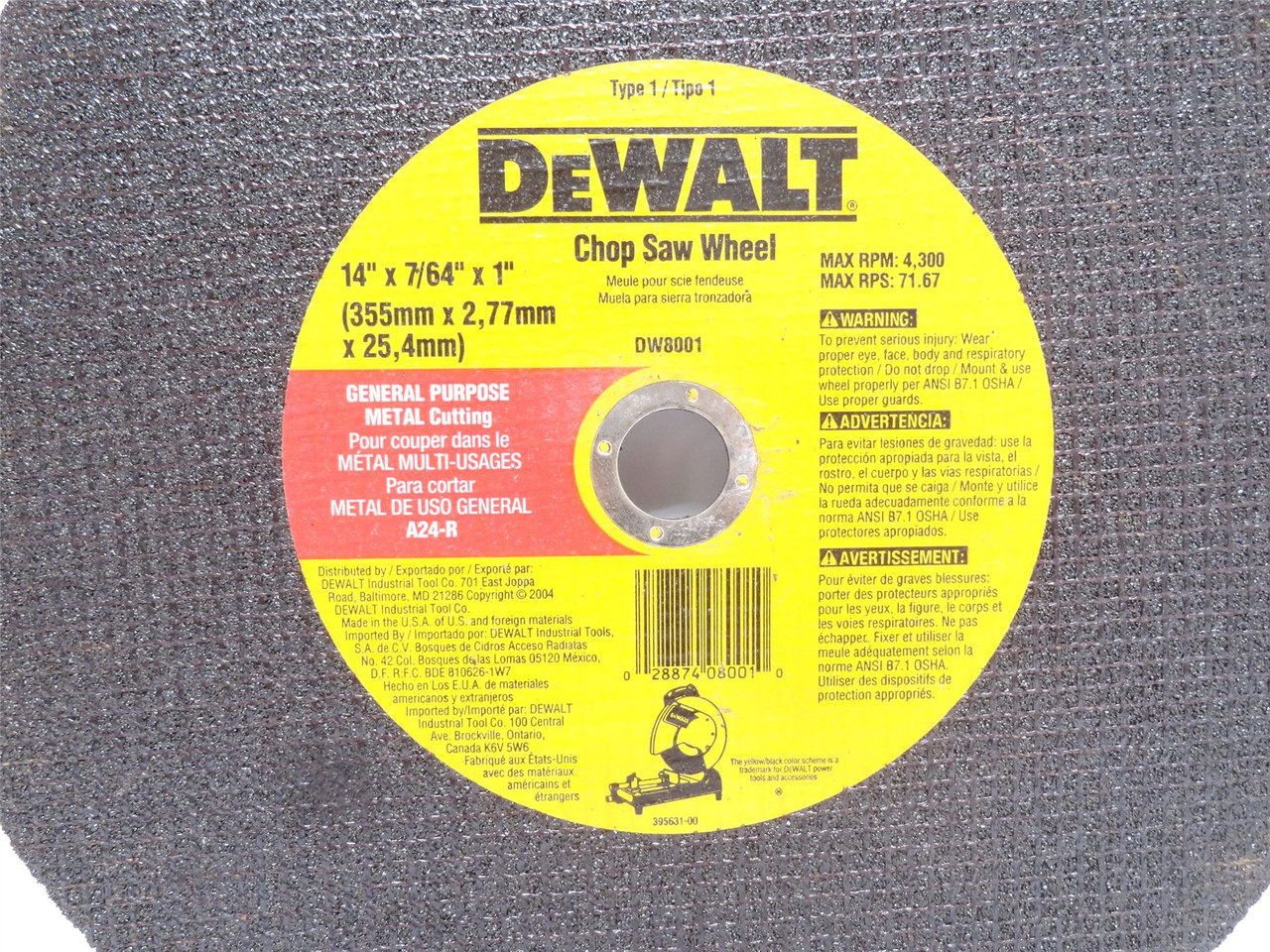 DeWALT DW8001; Abrasive Cut-Off Wheel; 14"OD; 24 Grit; 1"ID