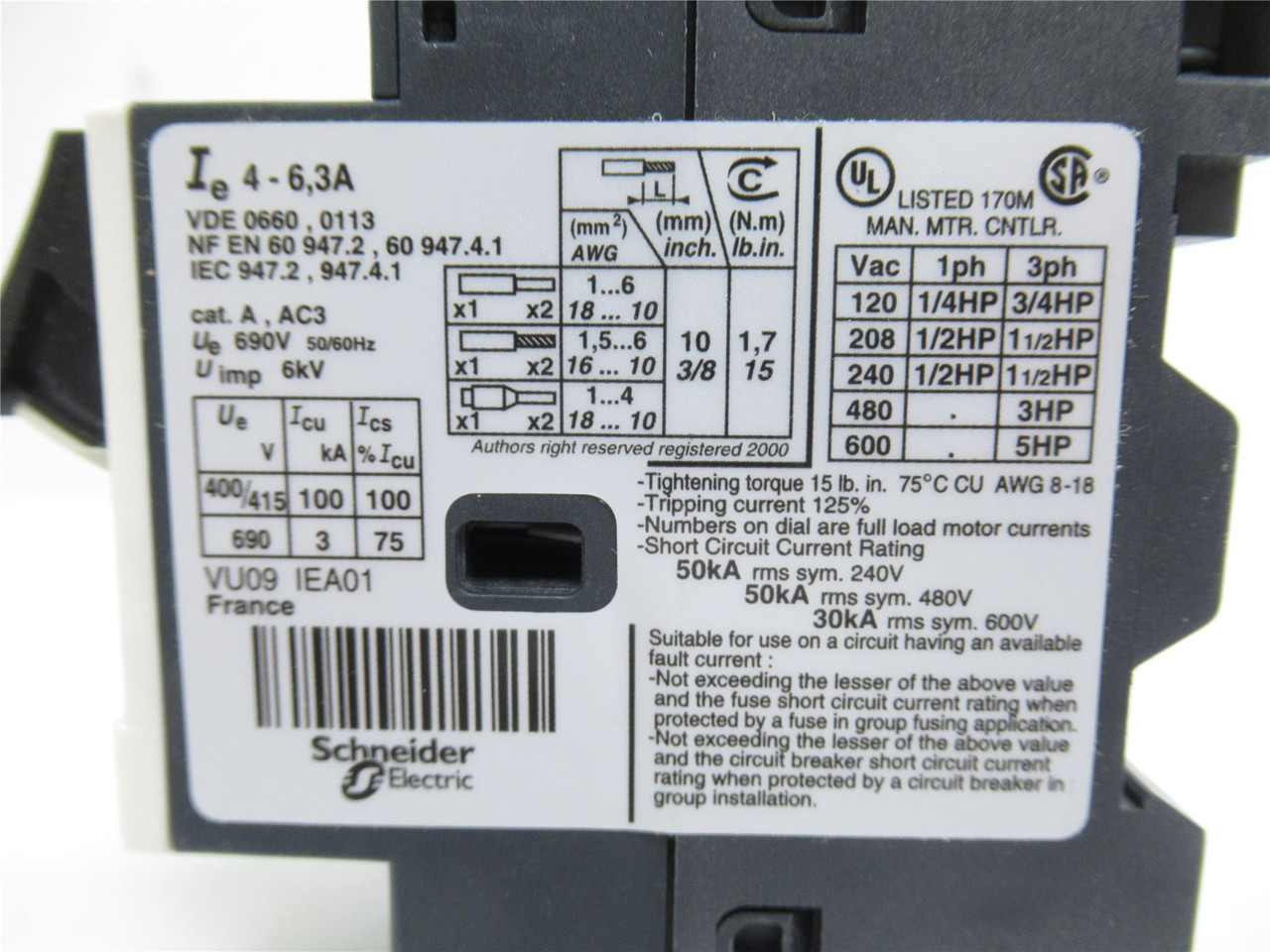 Telemecanique GV2ME10; Motor Starter/Protector 4-6.3A; 690VAC