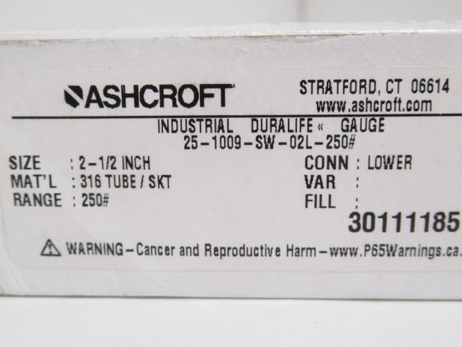 Ashcroft 25-1009-SW-02L-250; Pressure Gauge; 0-250Psi; 1/4NPT