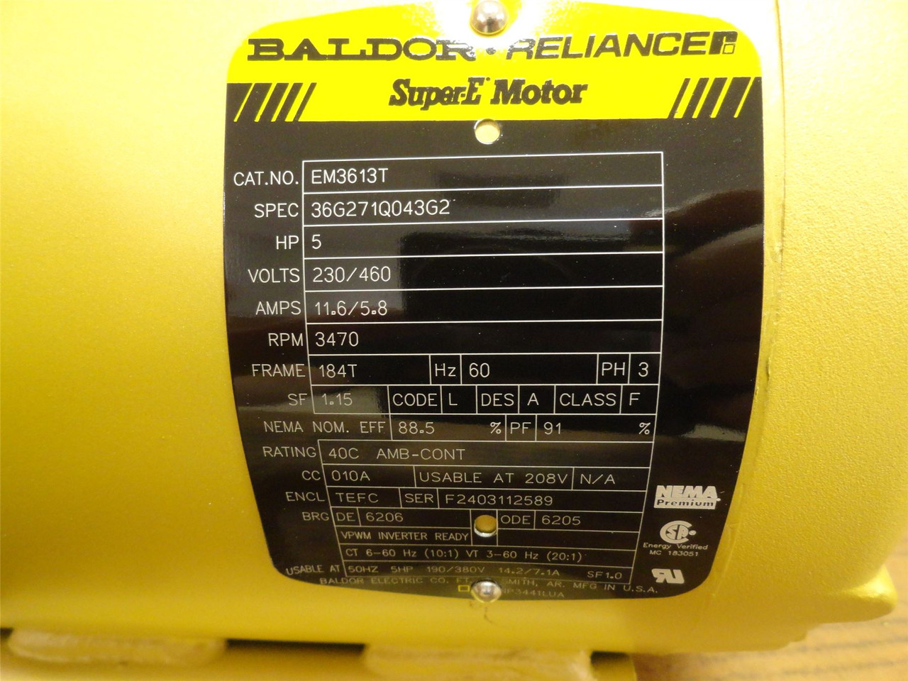 Baldor EM3613T; AC Motor 5HP; 230/460V; 3450RPM; 3Ph; 60Hz