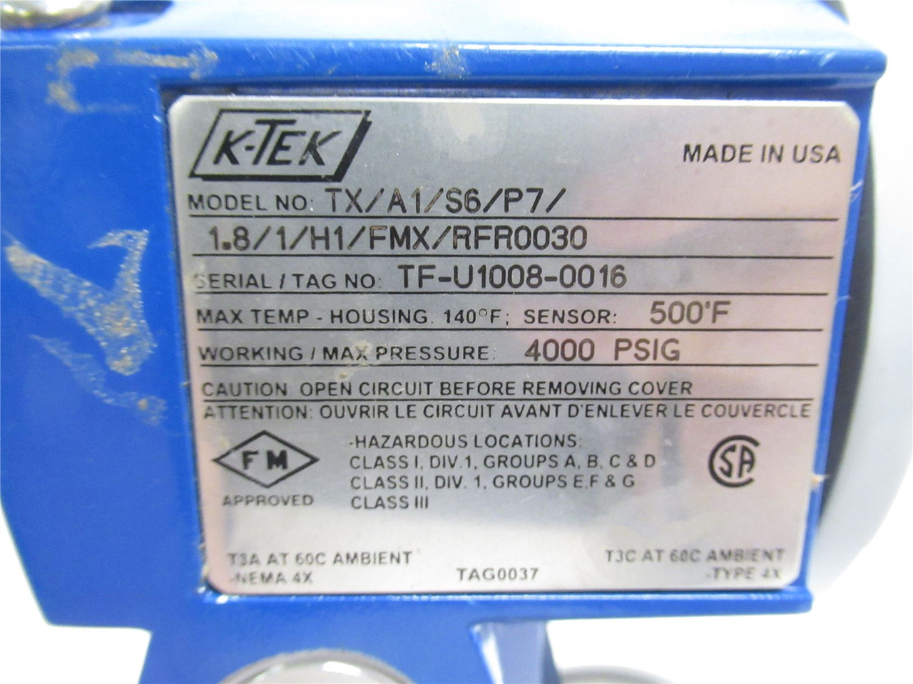 K-Tek TX/A1/S6/P7/1.8/1/H1/FMX/RF0030; Temp Switch 3/4NPT